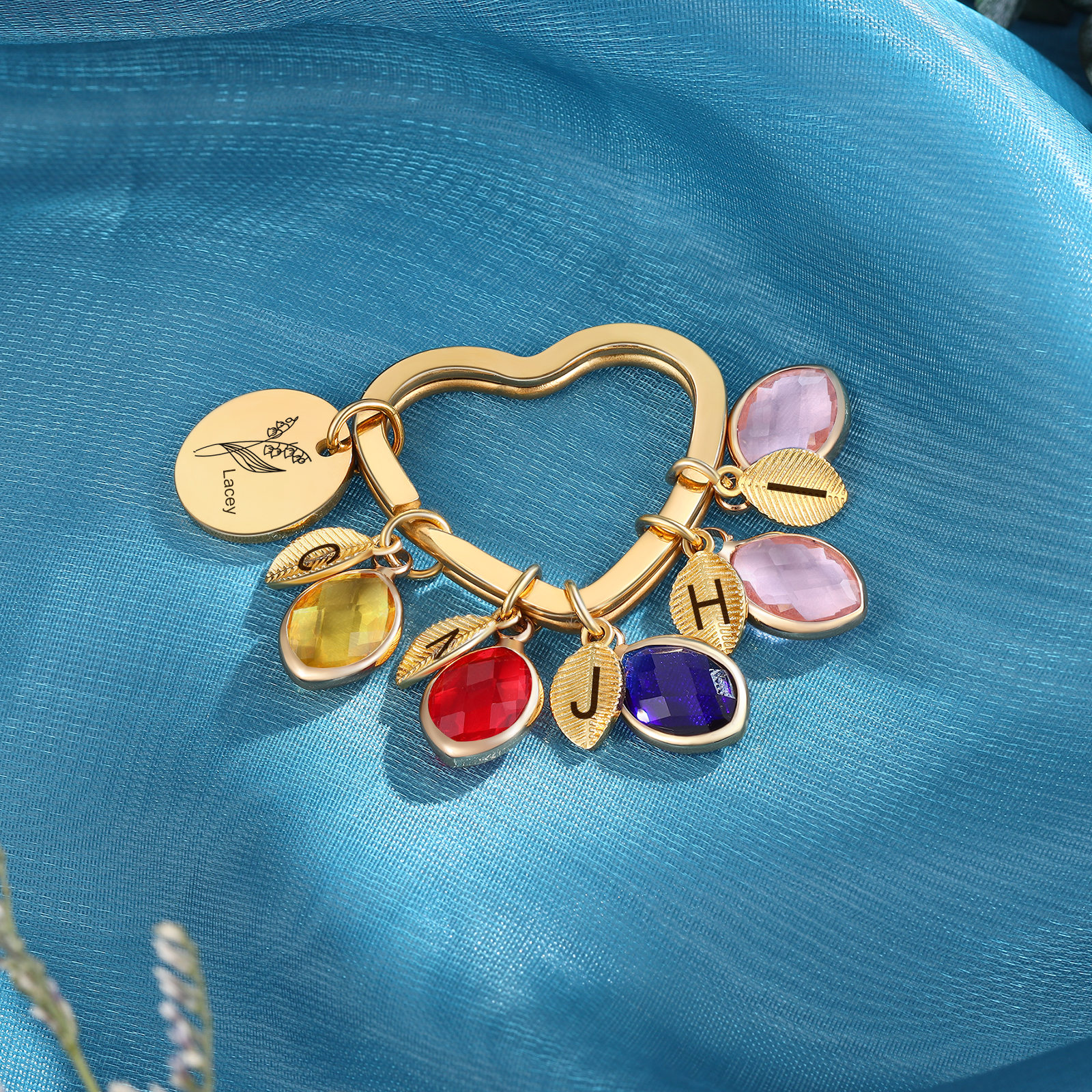 Porte-Clés Fleur de Naissance Feuilles 1 Prénom et 5 Lettres Personnalisés avec 5 Pierres de Naissance