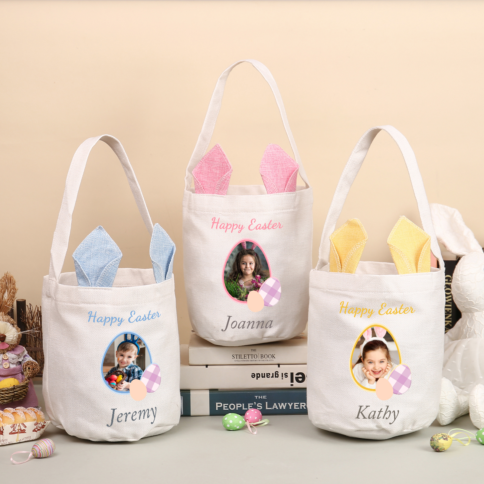 Sac de Pâques Lapin 1 Prénom et Photo Personnalisés avec Texte