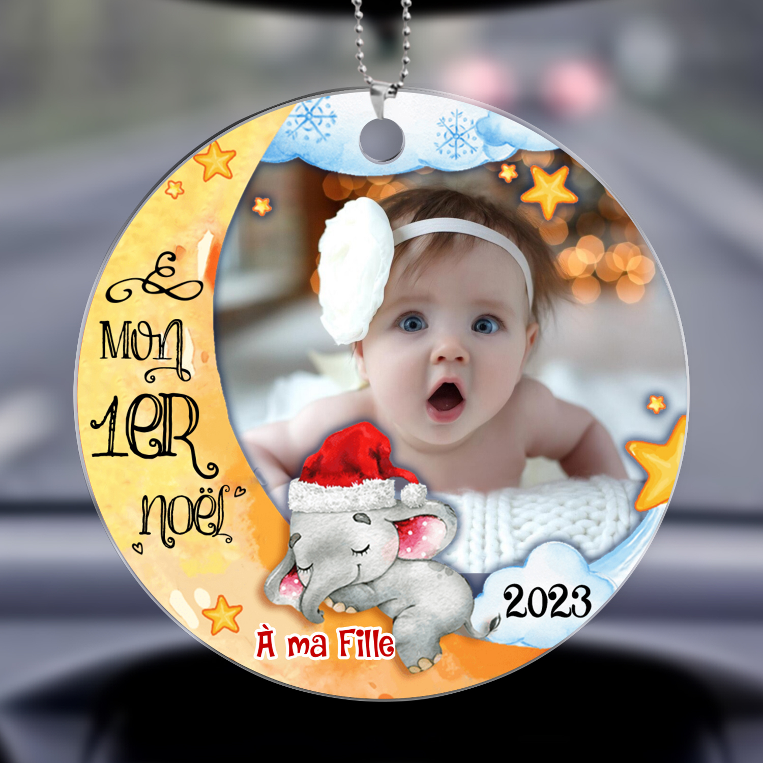 À mon Bébé - Ornements de Noël Lune en Bois avec Prénom et Photo Personnalisés