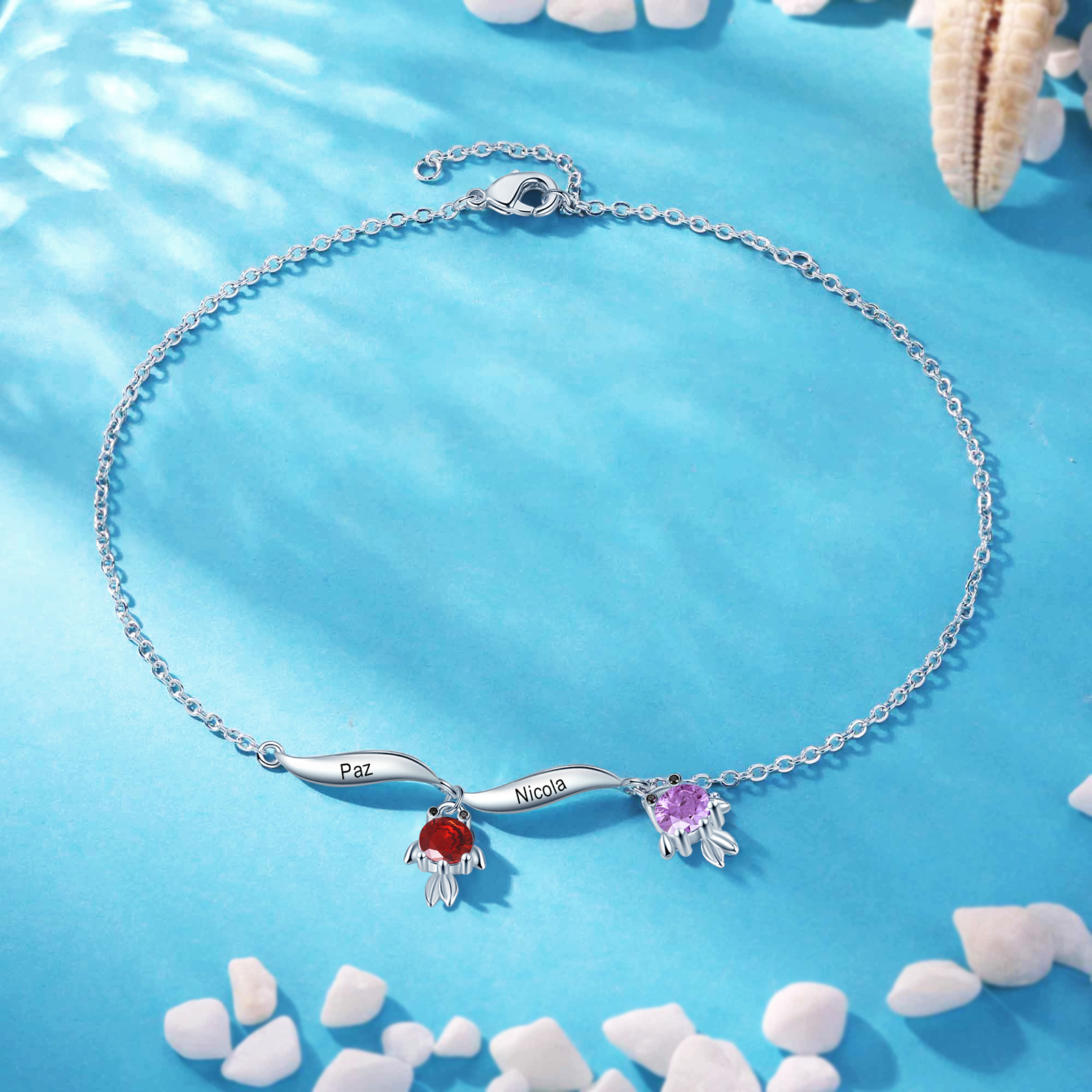 1-6 Noms Bracelet de cheville Poisson rouge Personnalisés avec Pierre de Naissance pour Femme