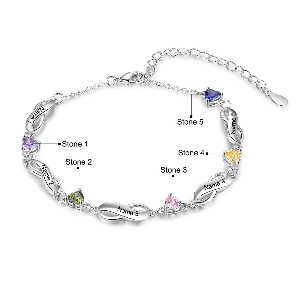 Bracelet infini à Breloque coeurs 5 Prénom Personnalisé avec 5 Pierre de Naissance