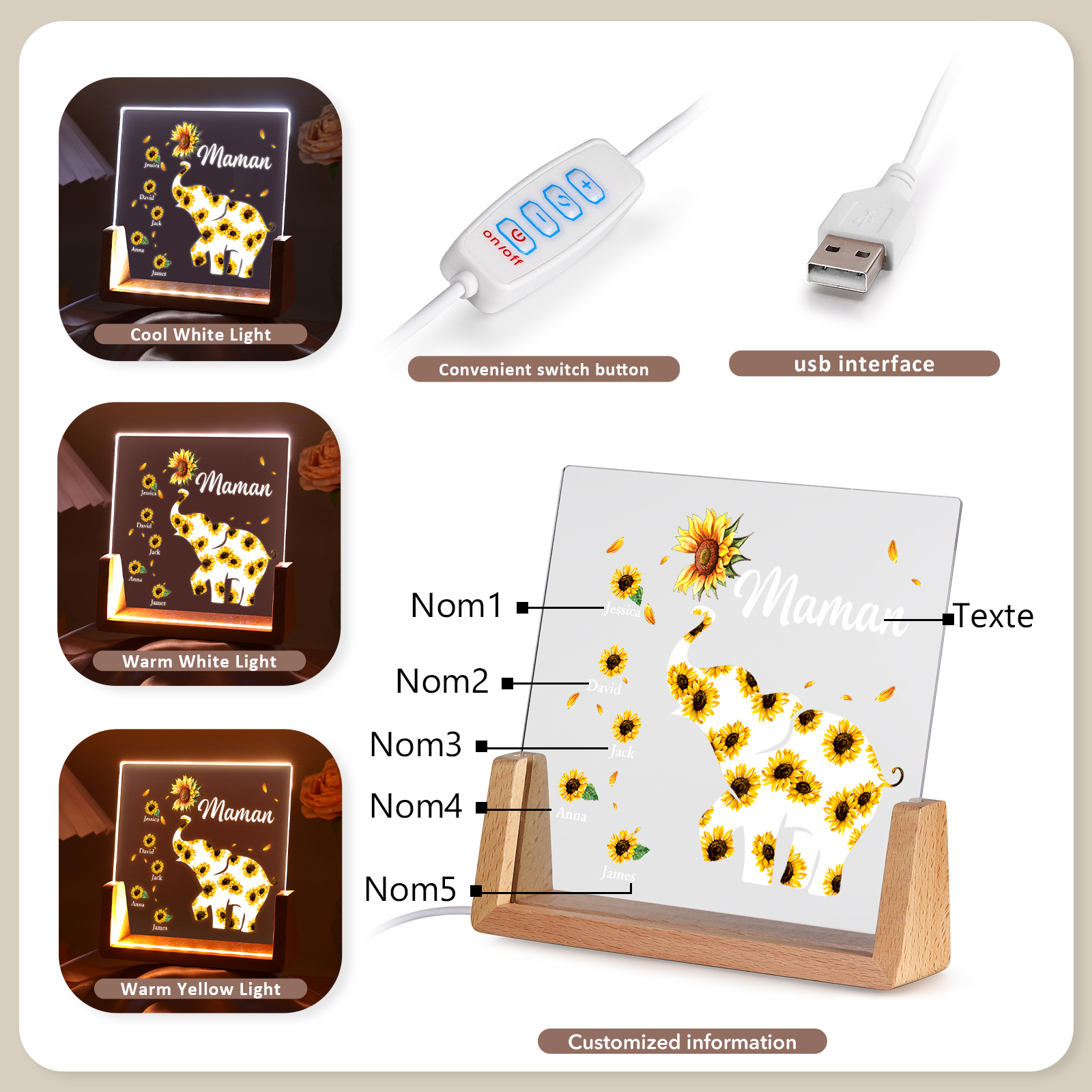 À Maman/Mamie - Lampe de chevet LED Éléphants 5 Prénoms Personnalisés avec Texte