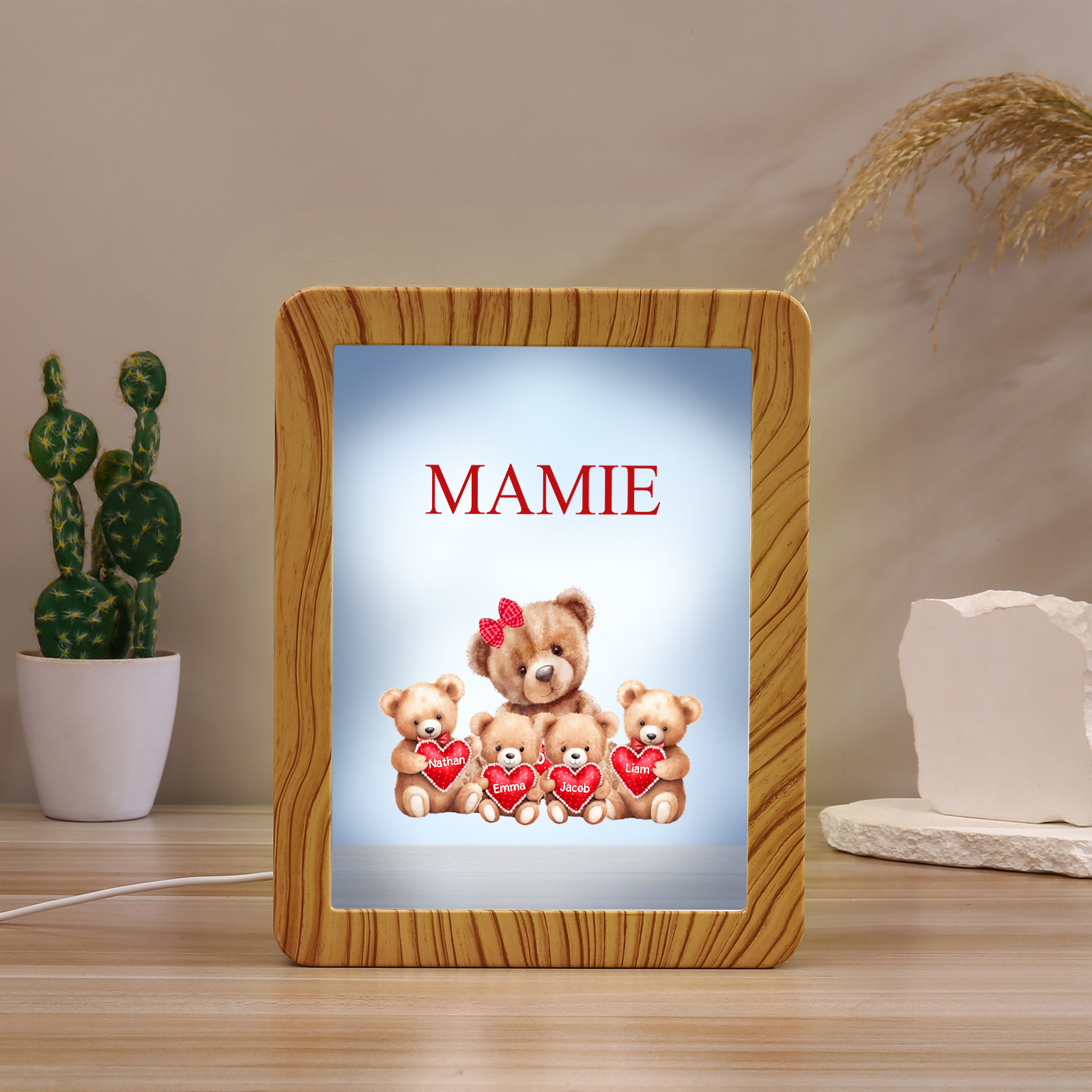 Cadre Photo/Miroir LED Multifonctionnel Ours 4 Prénoms Personnalisés avec Texte pour Famille