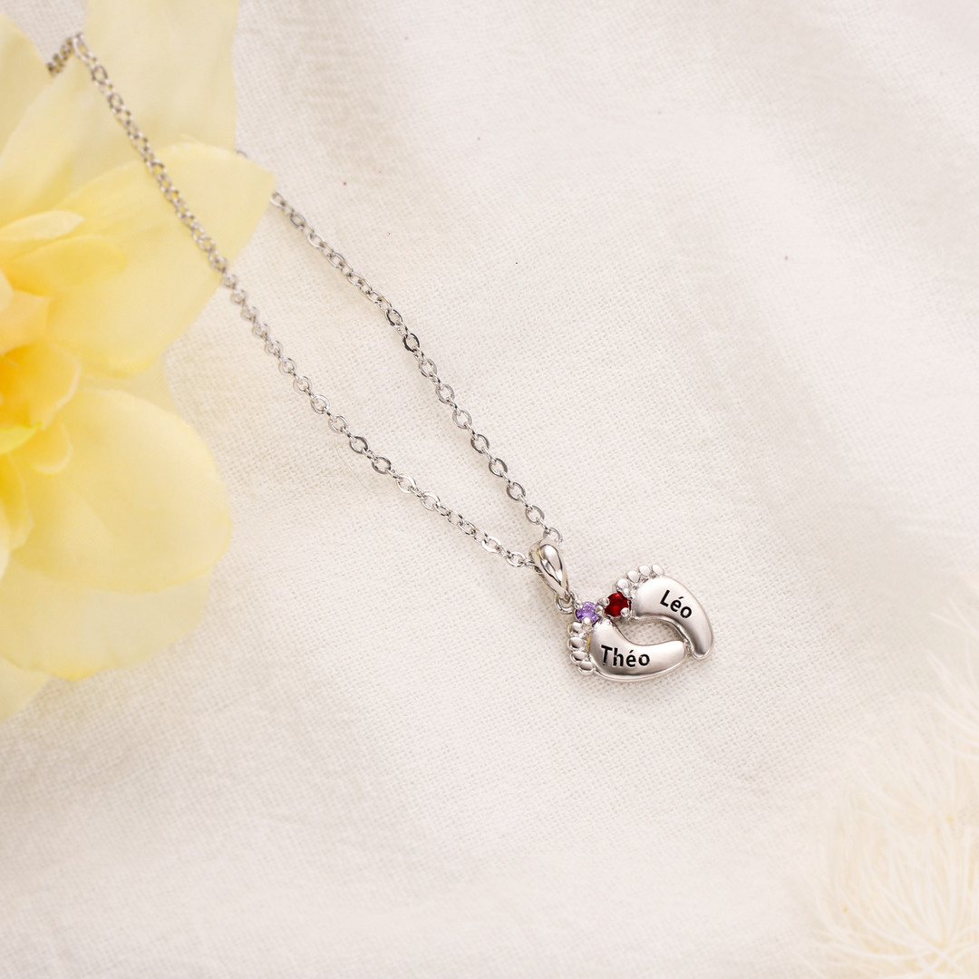 Collier 2 Prénom Personnalisé pied bebe avec pierre de naissance