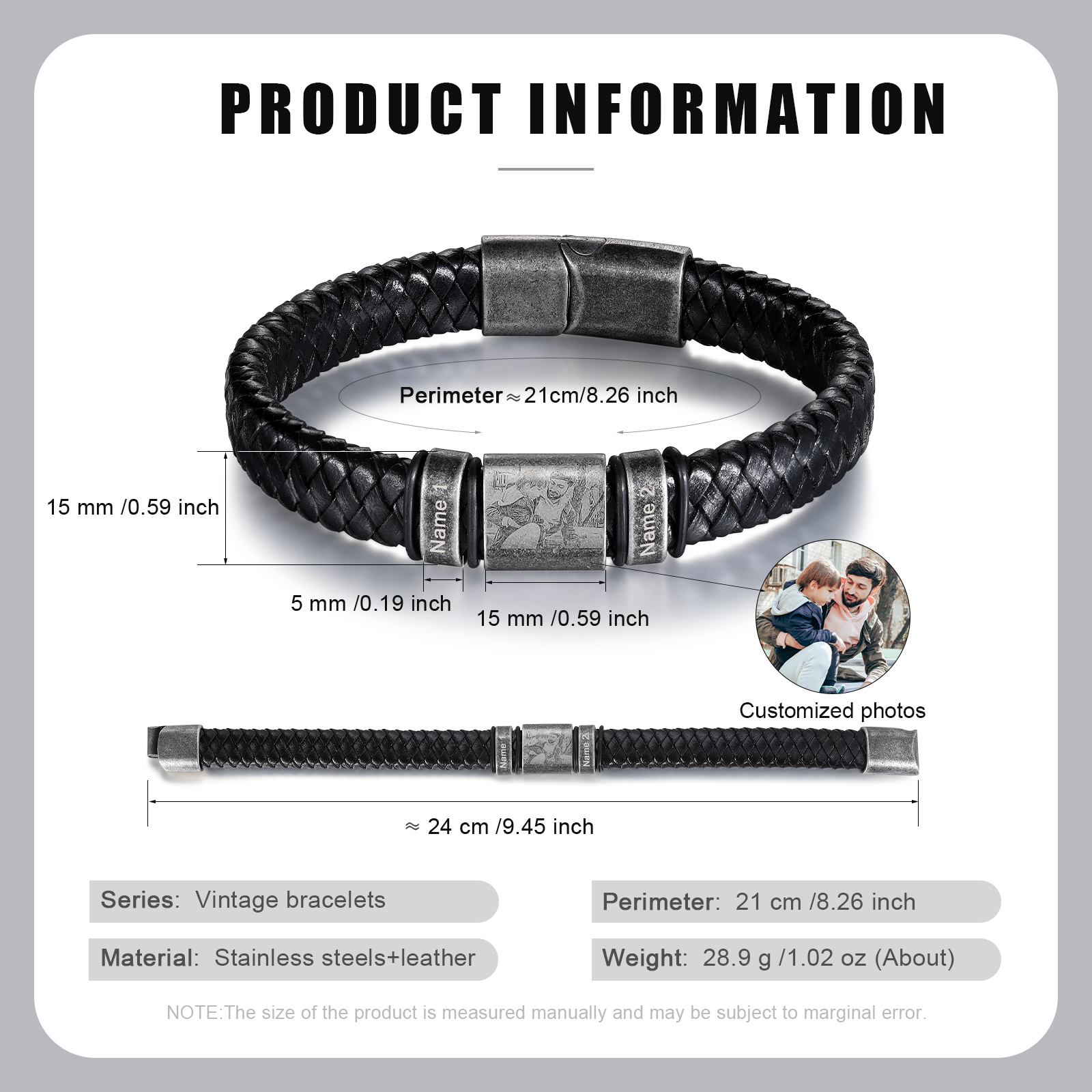 Bracelet Photo Personnalisé avec 2 Prénoms gravés pour Homme｜Jessemade