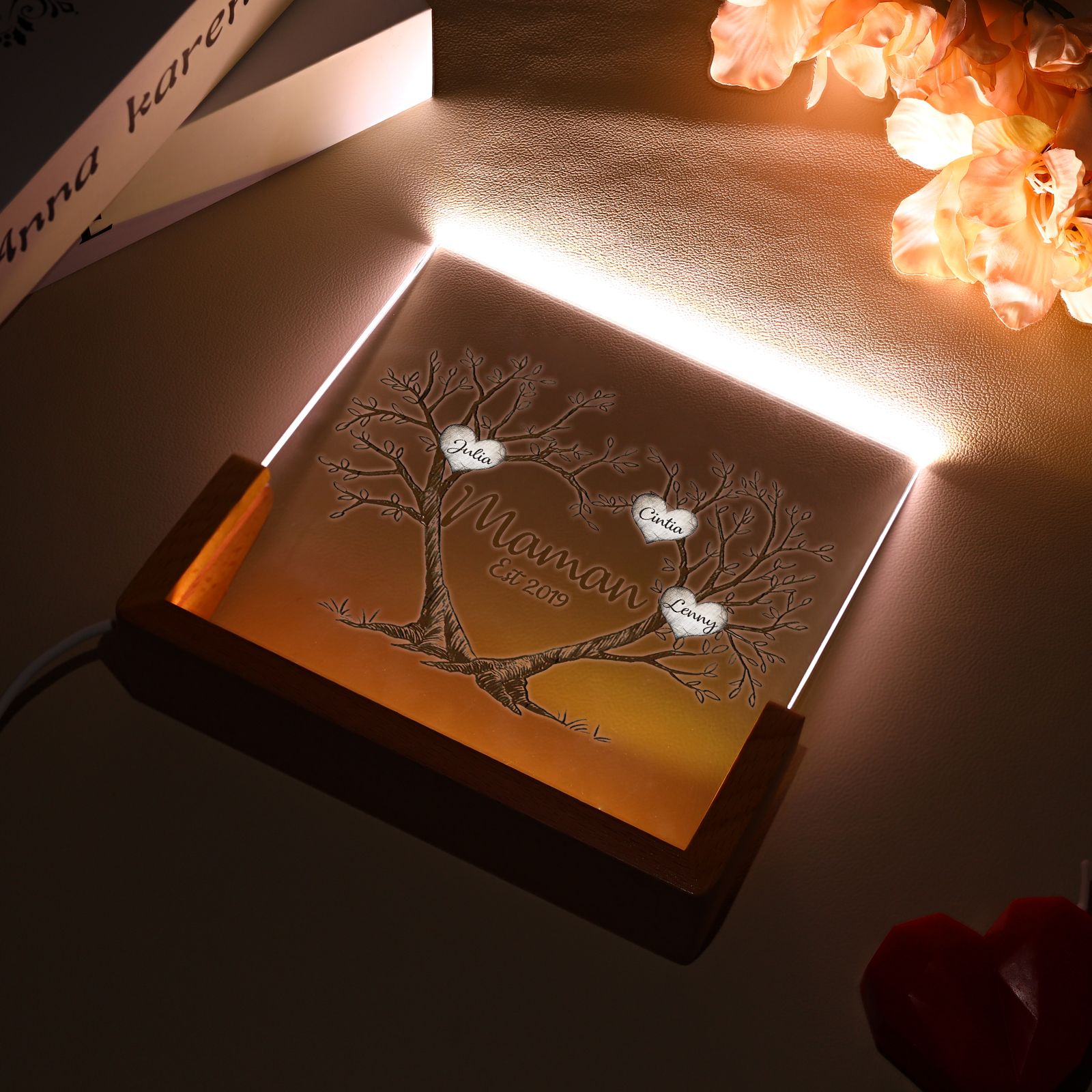 À Maman/Mamie - Lampe de chevet LED Arbre de Vie 3 Prénoms Personnalisés avec Texte et Date pour Famille