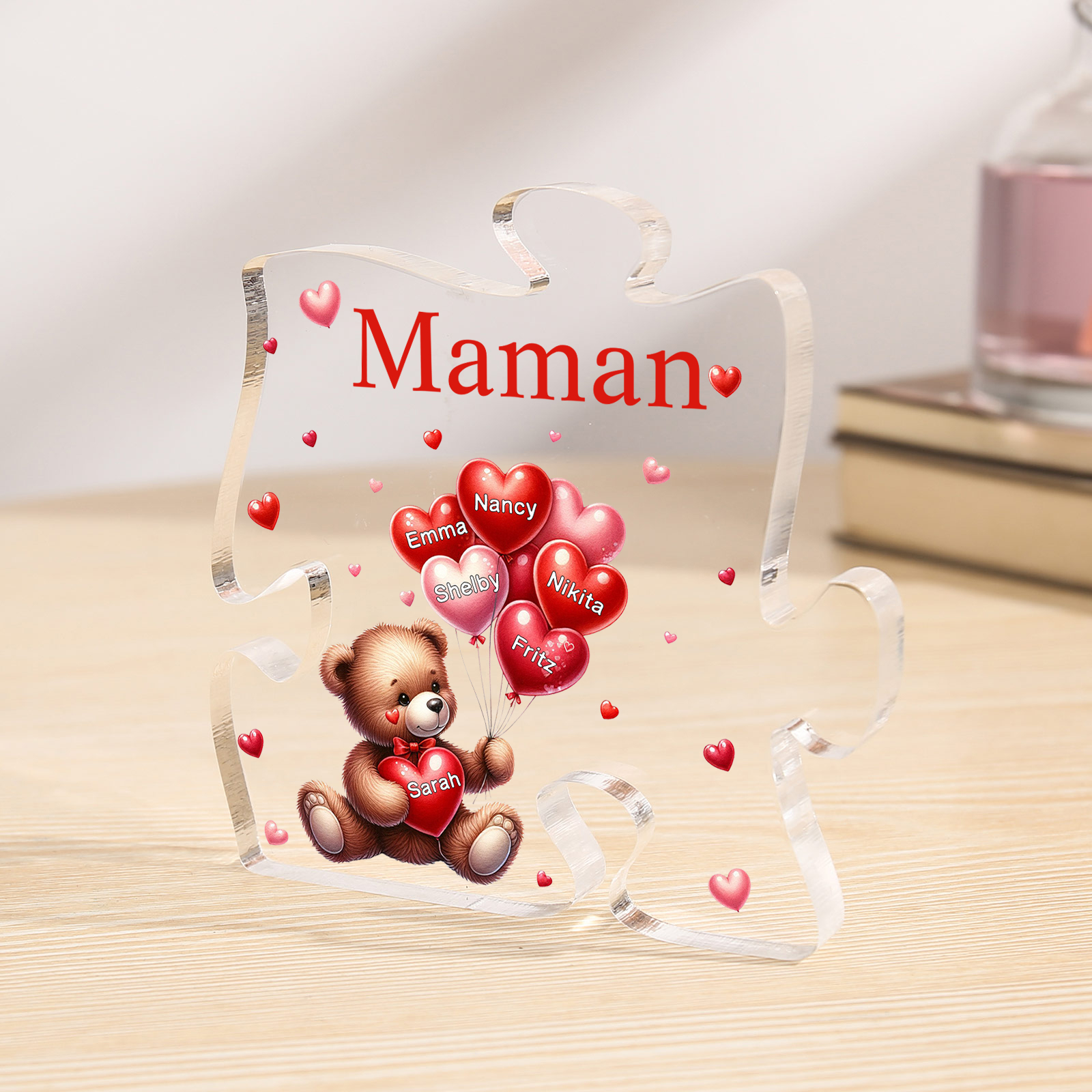 Plaque Acrylique en forme de Puzzle Ours 6 Prénoms et 1 Texte Personnalisés