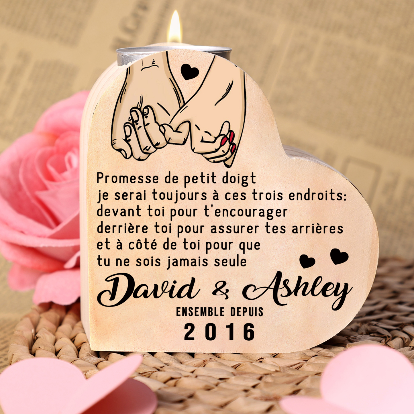 Bougeoir en Bois Pour Couple 2 Prénoms Personnalisés avec Texte sans b