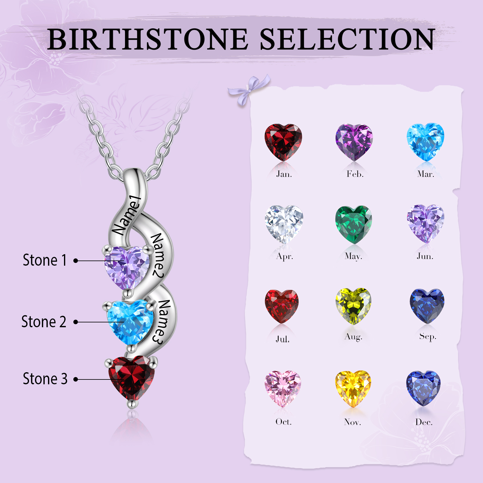 Collier DNA Cœur 3 Prénoms Personnalisés avec Pierres de naissance pour Femme