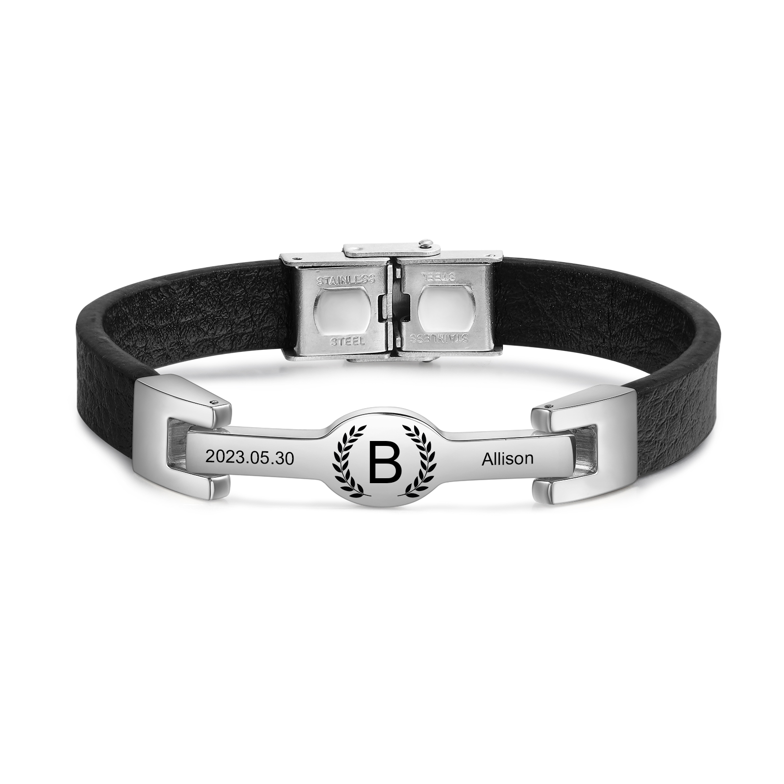 Bracelet Initiale en Cuir 1 Prénom Personnalisé avec Date et Lettre｜Je