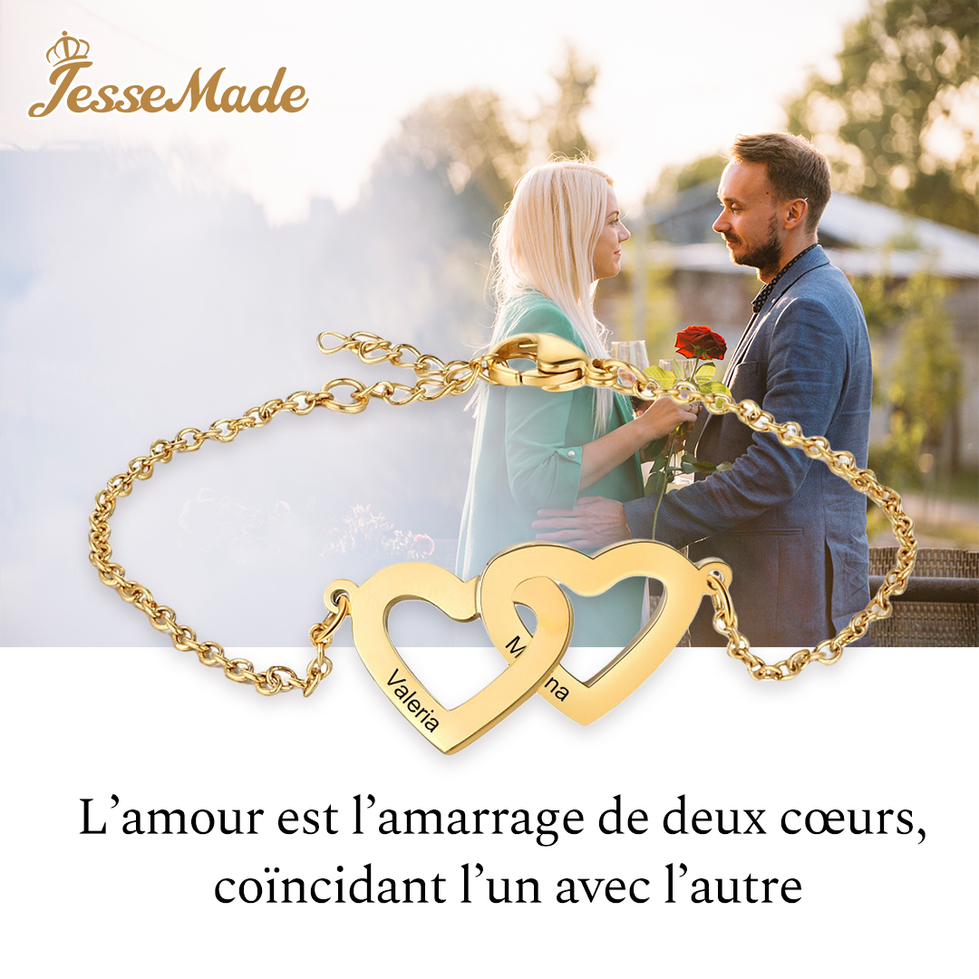 Bracelet 2 Prénoms Personnalisés avec 2 Cœurs