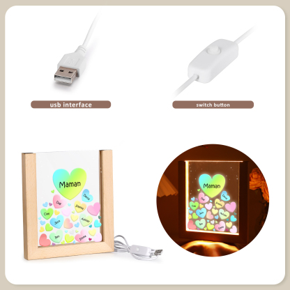 À Maman/Mamie - Lampe de chevet LED Cœurs 8 Prénoms Personnalisés avec 1 Texte