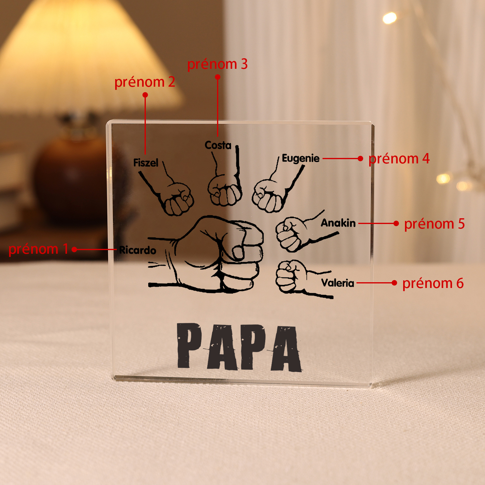 À mon Papa - Plaque Acrylique Carrée Poings 6 Prénoms Personnalisés