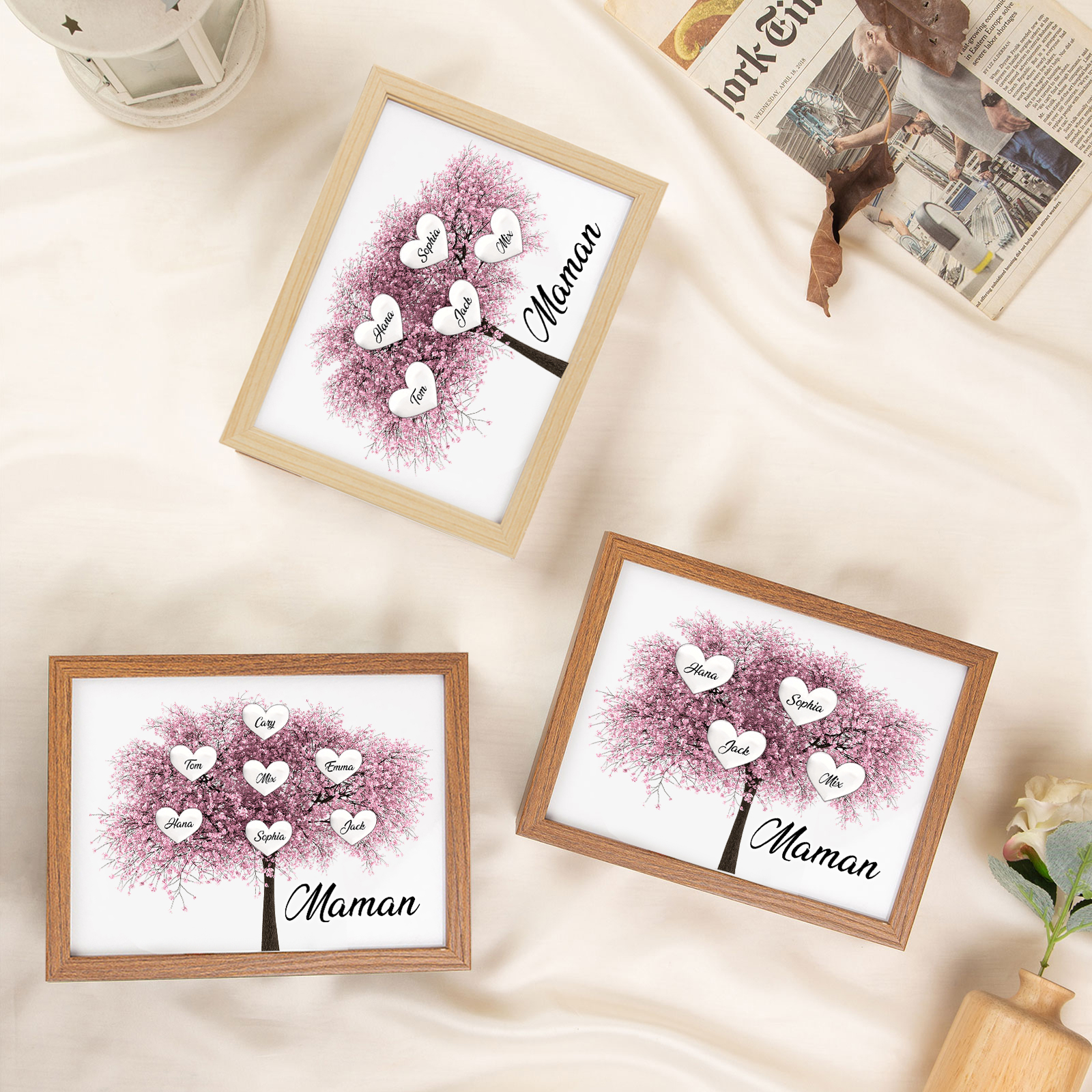 Cadre Photo LED Arbre de Vie 7 Prénoms et 1 Texte Personnalisé Décoration Famille