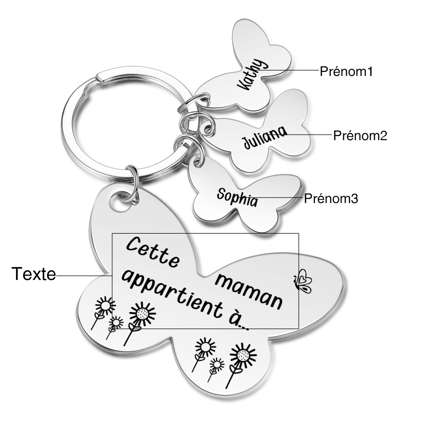 À Maman/Mamie - Porte-Clés Papillon 3 Prénoms Personnalisés avec Texte 