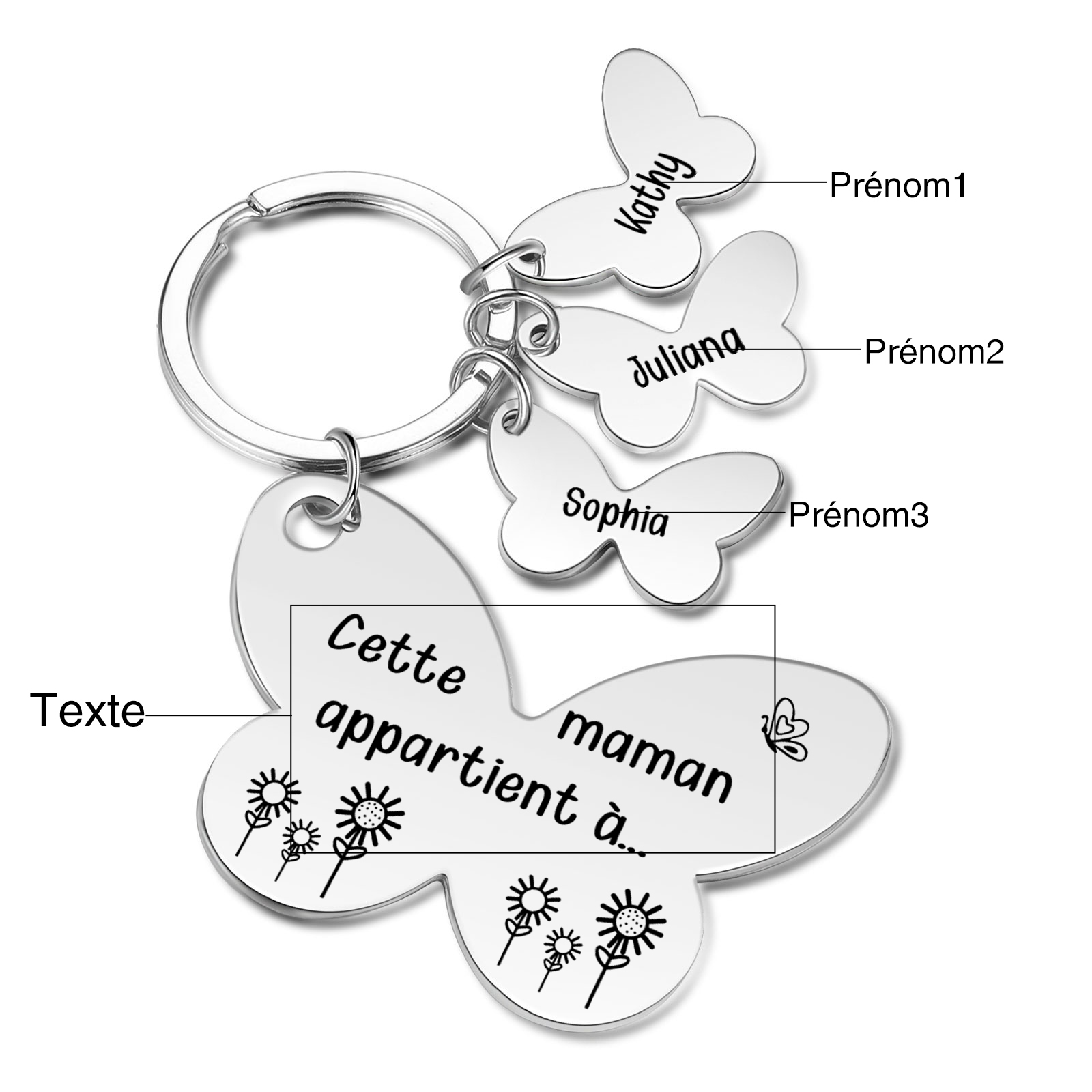 À Maman/Mamie - Porte-Clés Papillon 3 Prénoms Personnalisés avec Texte