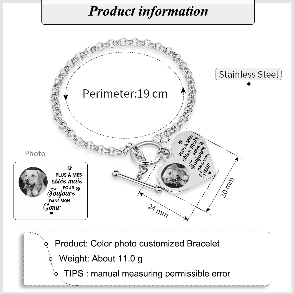 Bracelet Personnalisé en acier inoxydable avec Photo couleur gravée Bracelet Personnalisé Coeur commémoratif|Jessemade