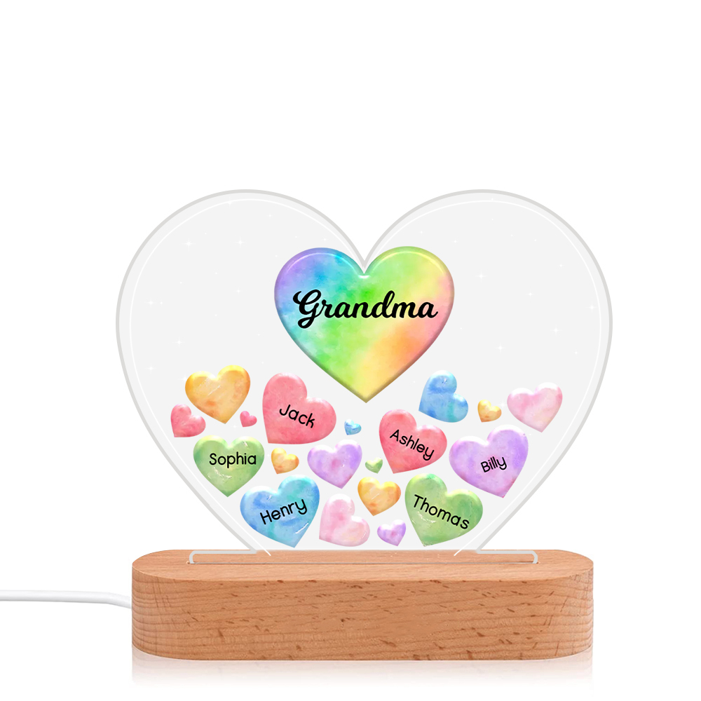 À Maman/Mamie - Lampe de chevet LED Cœurs 6 Prénoms Personnalisés avec 1 Texte