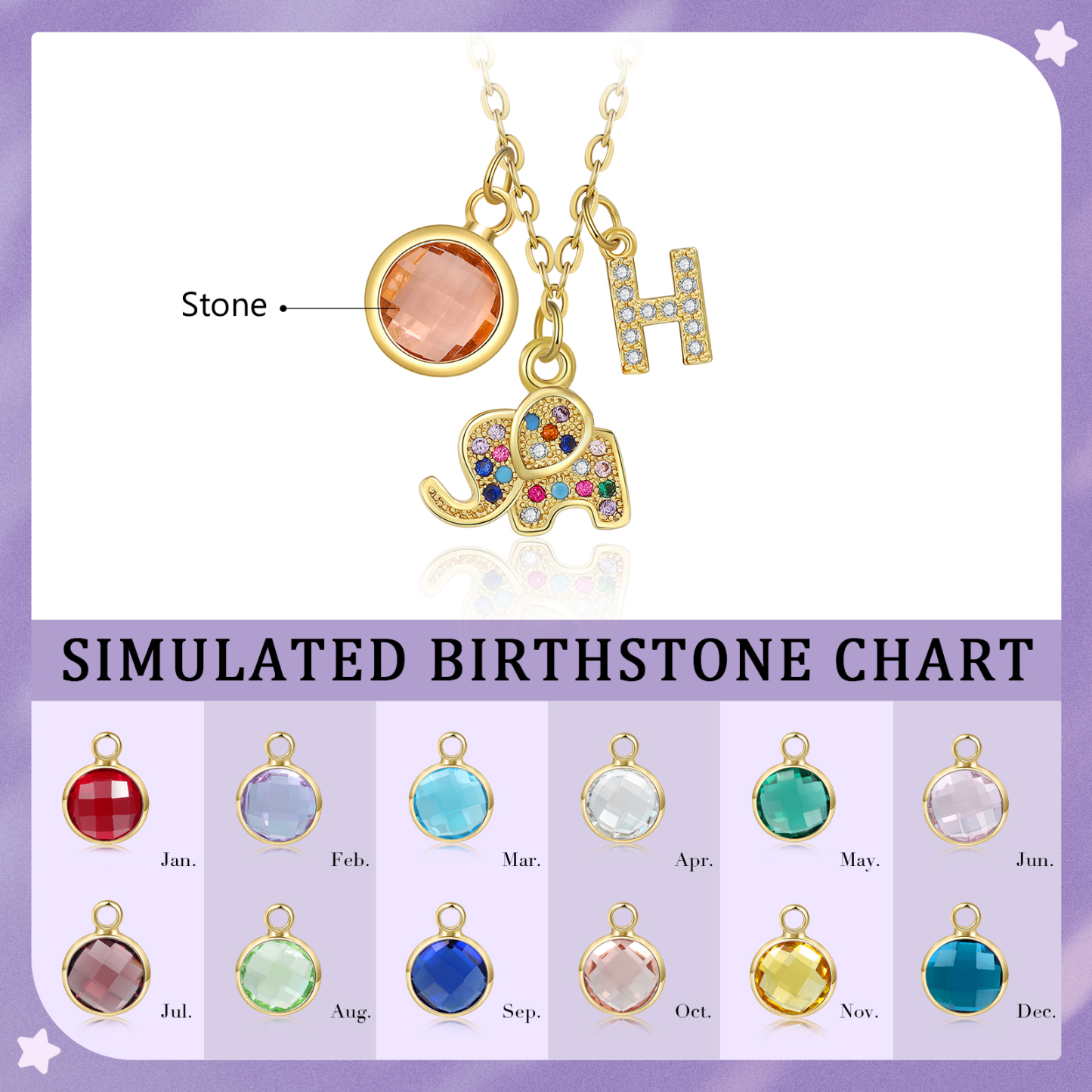 Collier Enfants Bébé Collier Éléphant 1 Pierre de Naissance et 1 Lettre pour Fille Filleule