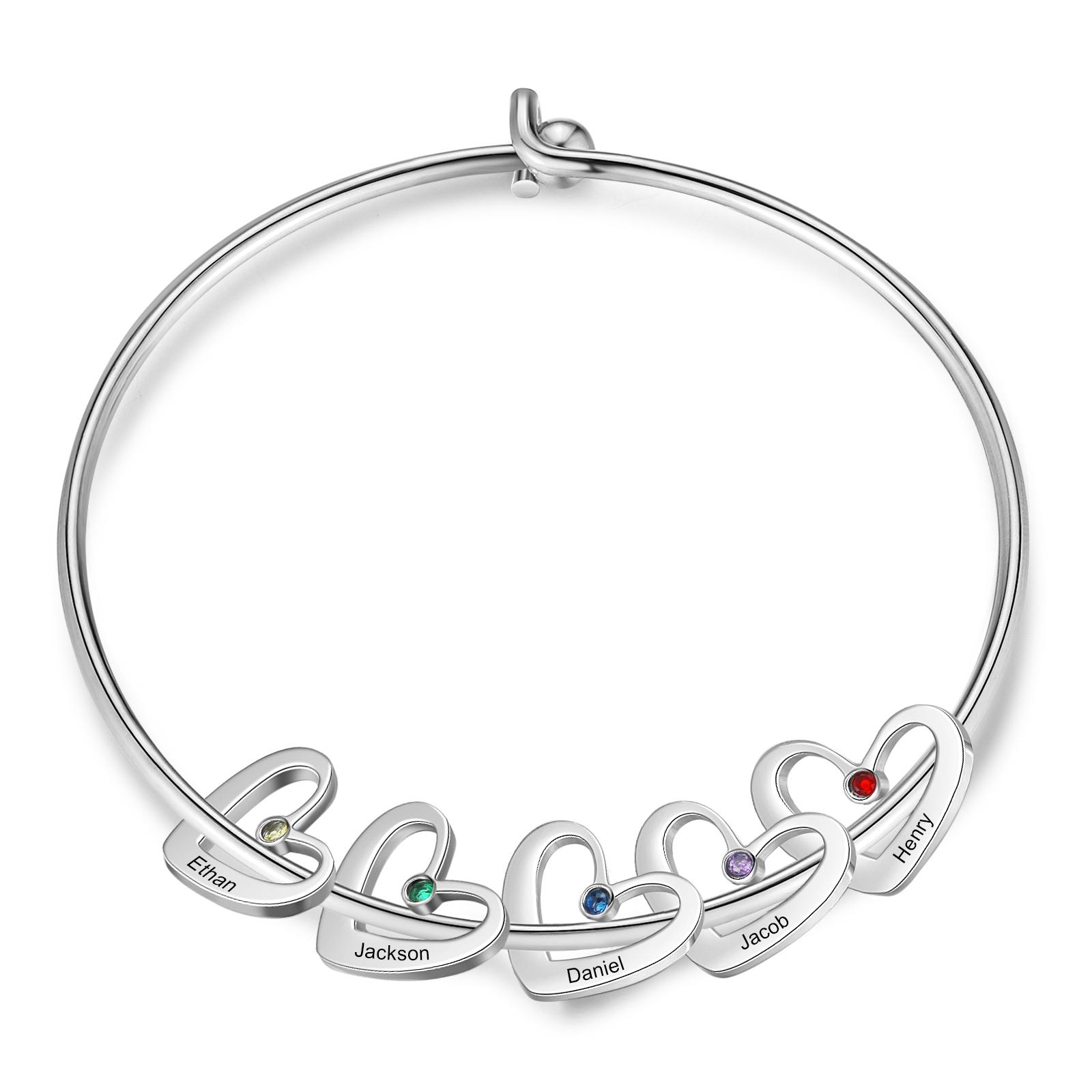 Bracelet jonc 2-6 Prénoms Personnalisé Bracelet Pierre De Naissance avec Pendentifs Coeur｜Jessemade