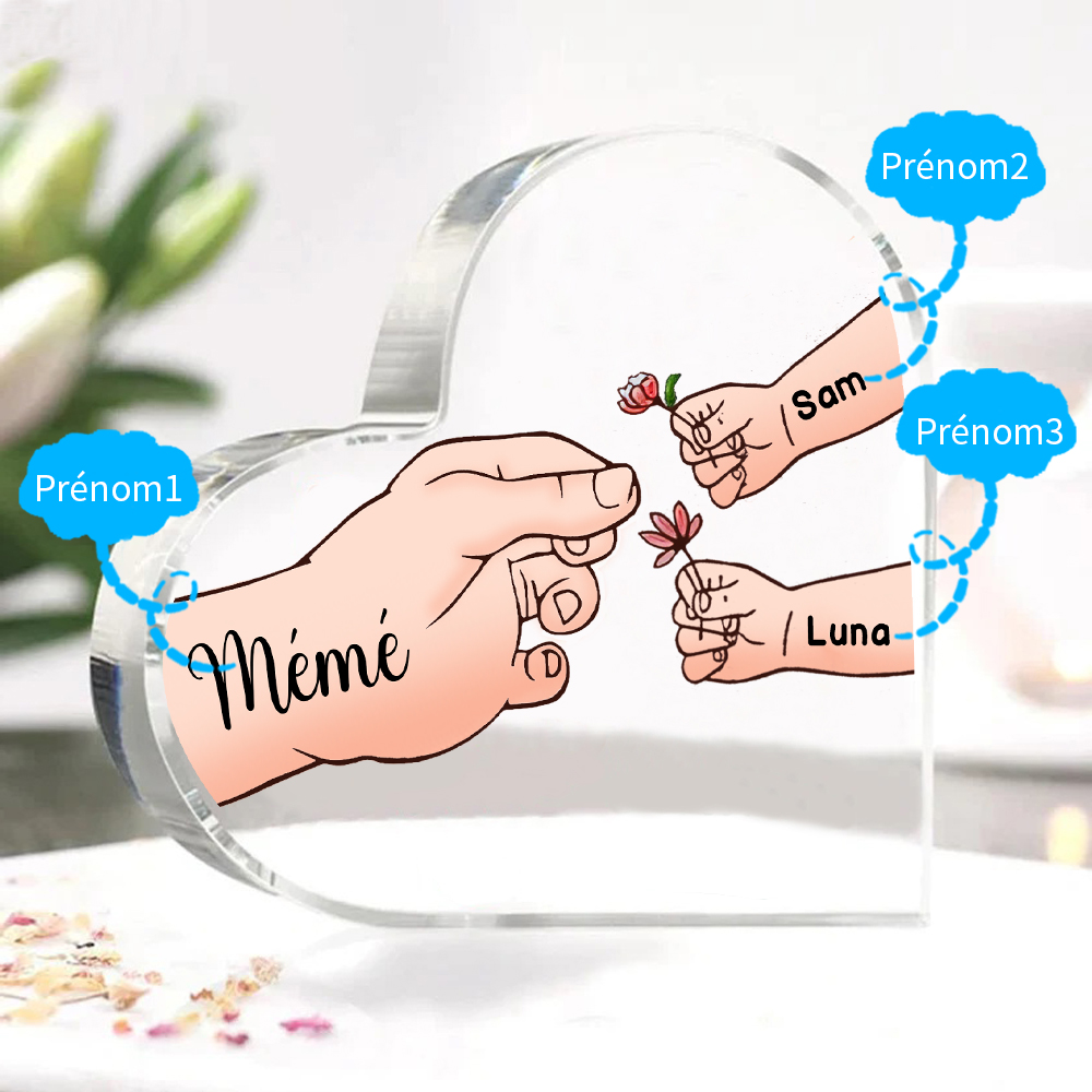 À ma Maman/Mamie - Plaque Acrylique Mains et Enfants en Forme de Cœur 3 Prénoms Personnalisés