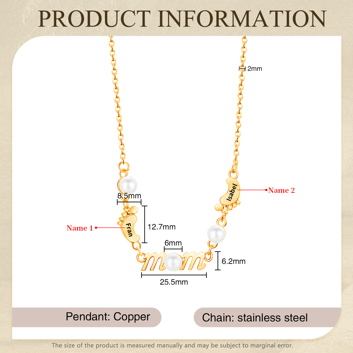 Collier Pieds Bébé et Perles 2 Prénoms Personnalisés Collier pour Maman