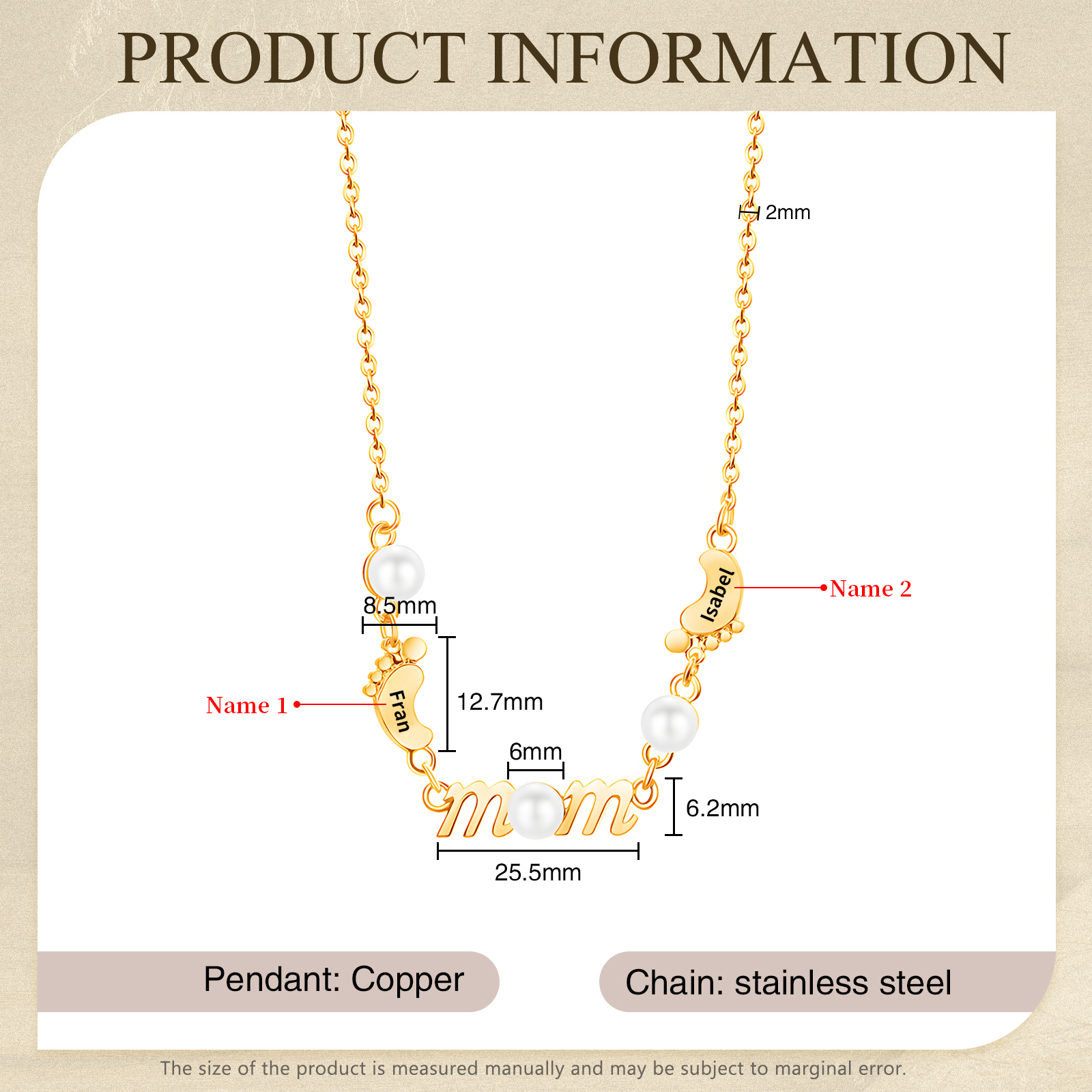 Collier Pieds Bébé et Perles 2 Prénoms Personnalisés Collier pour Maman