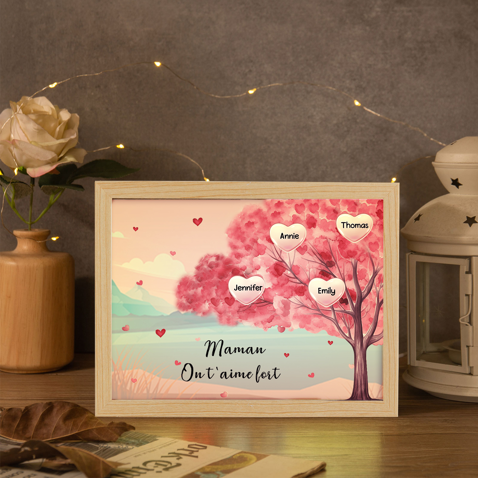Cadre Photo LED Arbre 4 Prénoms Personnalisés avec 1 Texte Décoration Famille