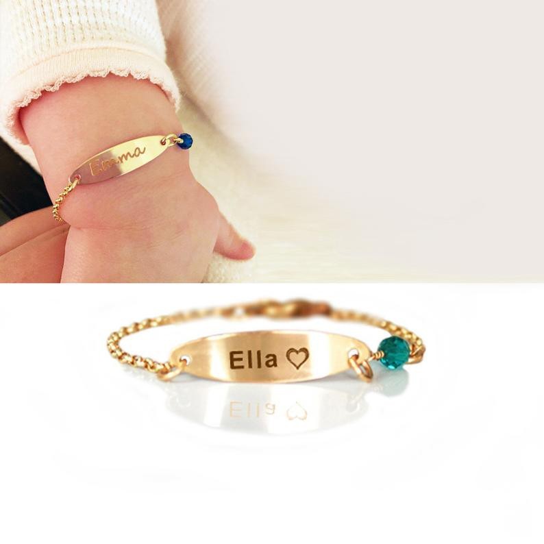 Bracelet/cheville Gourmette bébé gravable 1 Prénom Personnalisés Bracelet Pierre De Naissance｜Jessemade