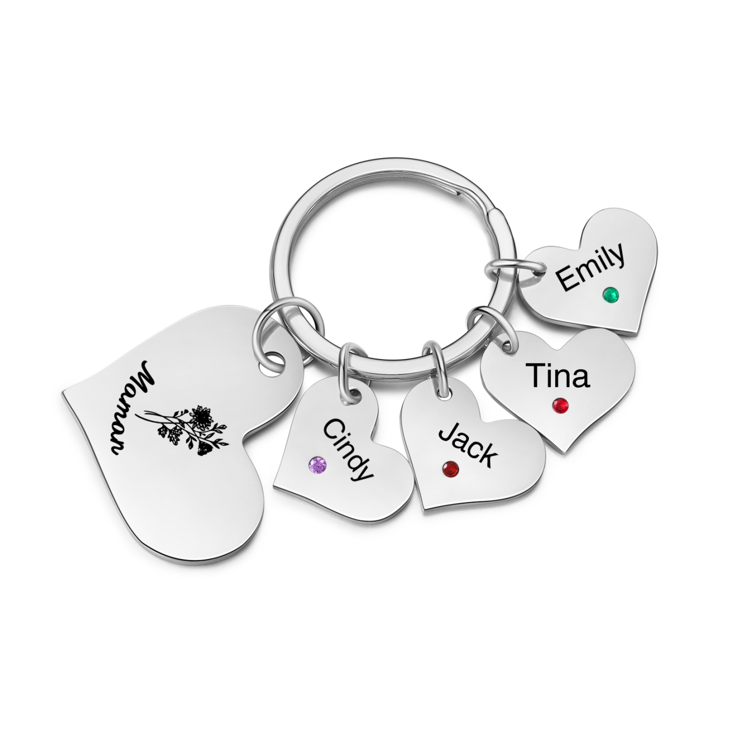 À Maman/Mamie - Porte-Clés Cœur 4 Prénoms et Pierres de naissance Personnalisés avec Texte et Fleur de Naissance
