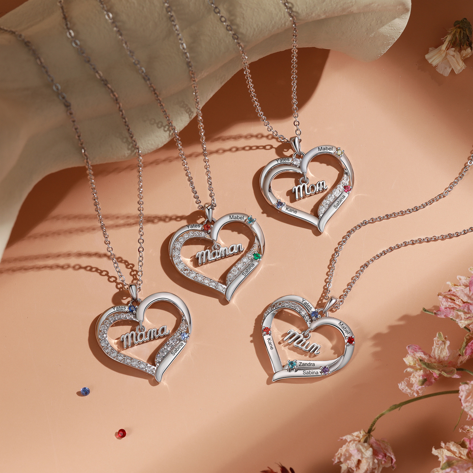 Collier Cœur Personnalisé pour Maman avec Pierres de Naissance et 2 à 5 Prénoms