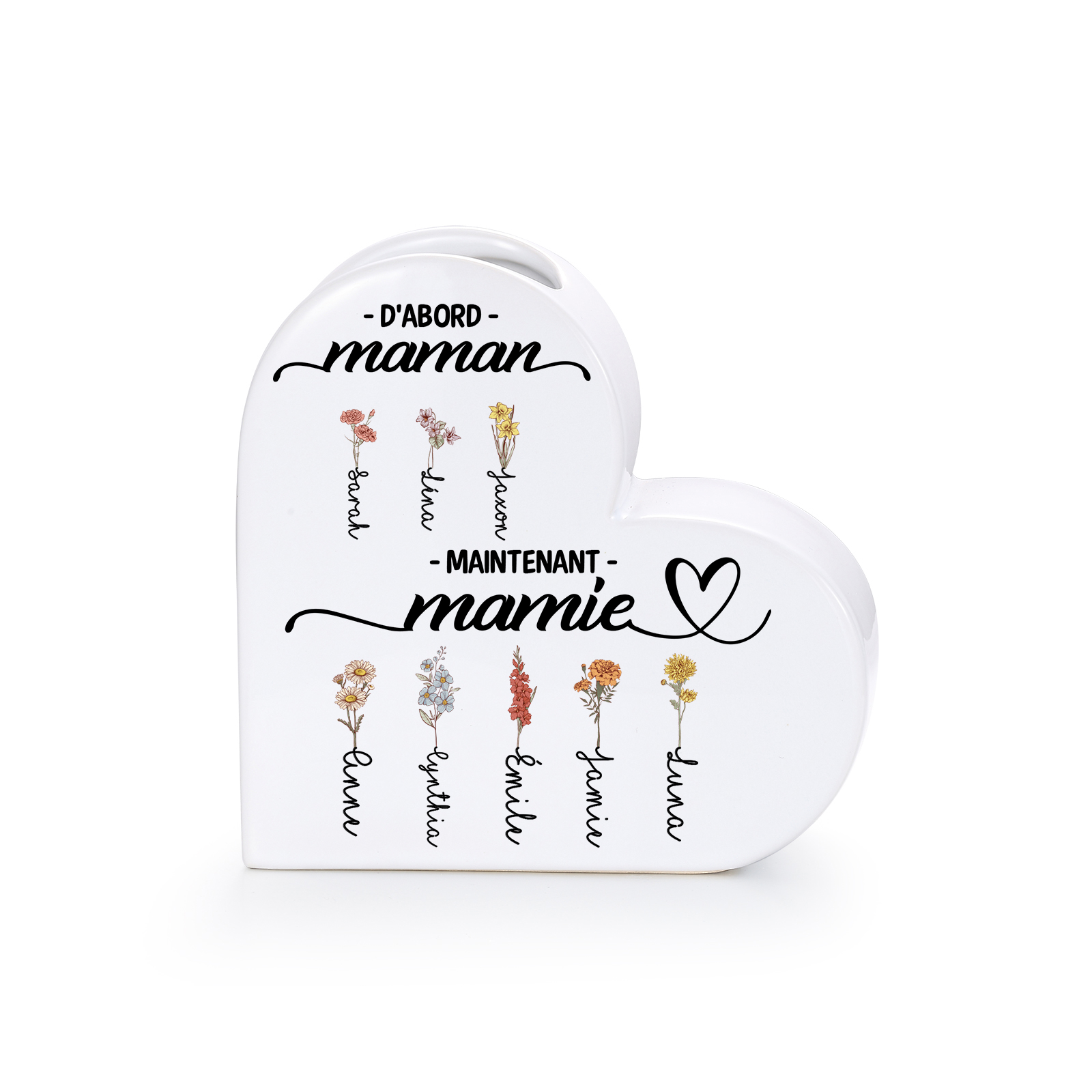 Vase cœur en céramique Personnalisée avec 2 à 12 Fleurs de Naissance et Prénom au choix