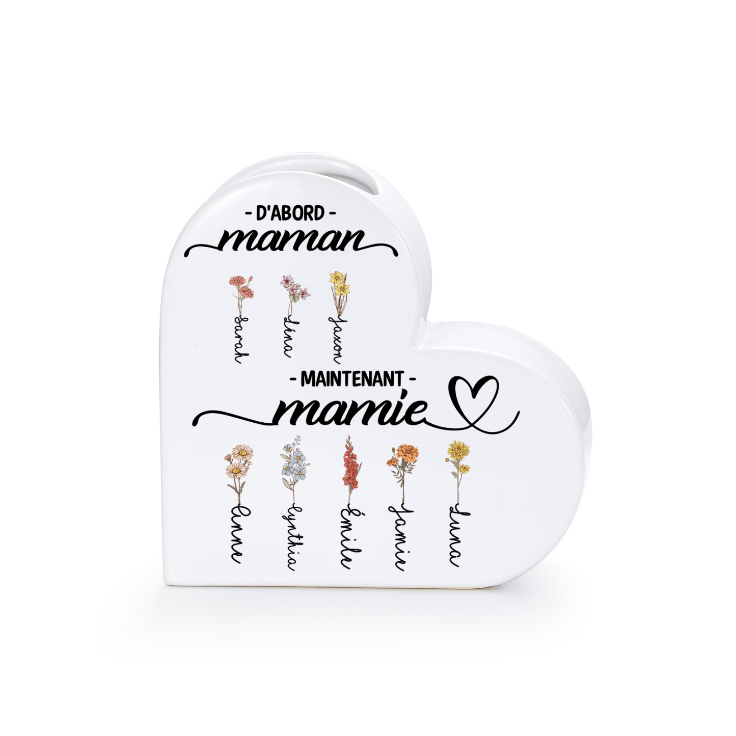 Vase cœur en céramique Personnalisée avec 2 à 12 Fleurs de Naissance et Prénom au choix