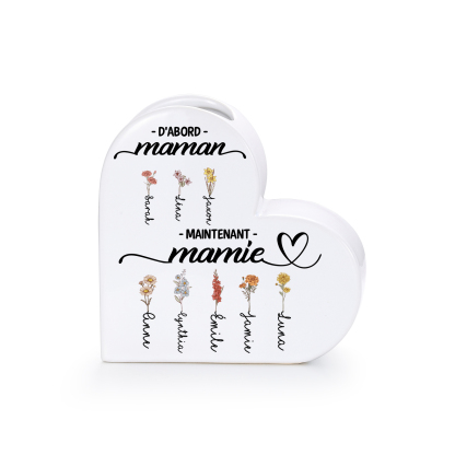 Vase cœur en céramique Personnalisée avec 2 à 12 Fleurs de Naissance et Prénom au choix