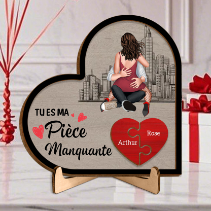 Plaque en Bois Cœur Puzzle avec Socle pour Couple, «Tu es ma pièce manquante»