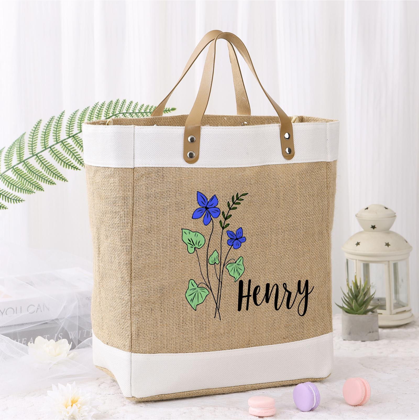 Cabas en jute Personnalisé, Fleur de Naissance et Prénom