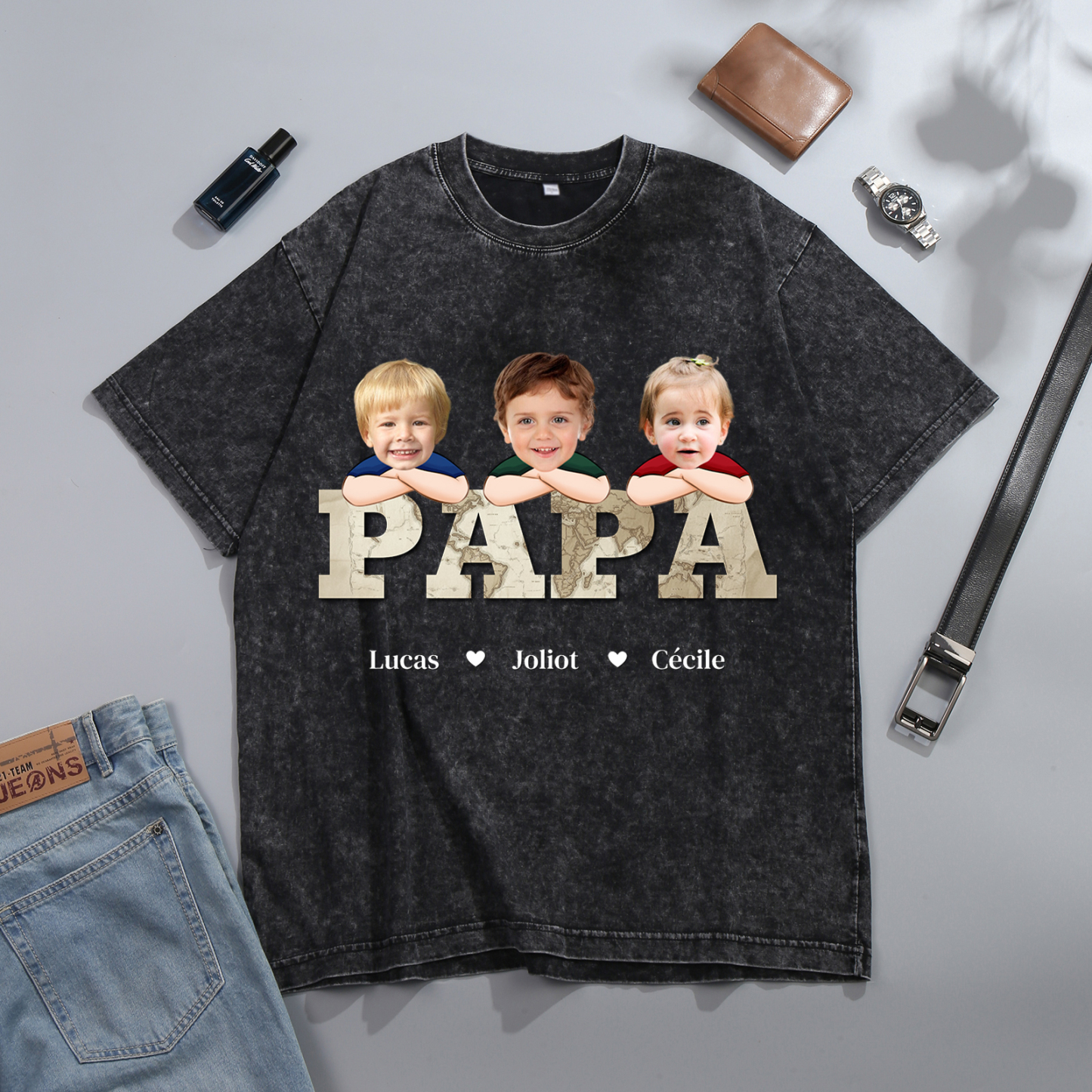 À mon Papi/Papa - T-Shirt Hommes Lion 1-8 Prénoms Personnalisés avec Texte