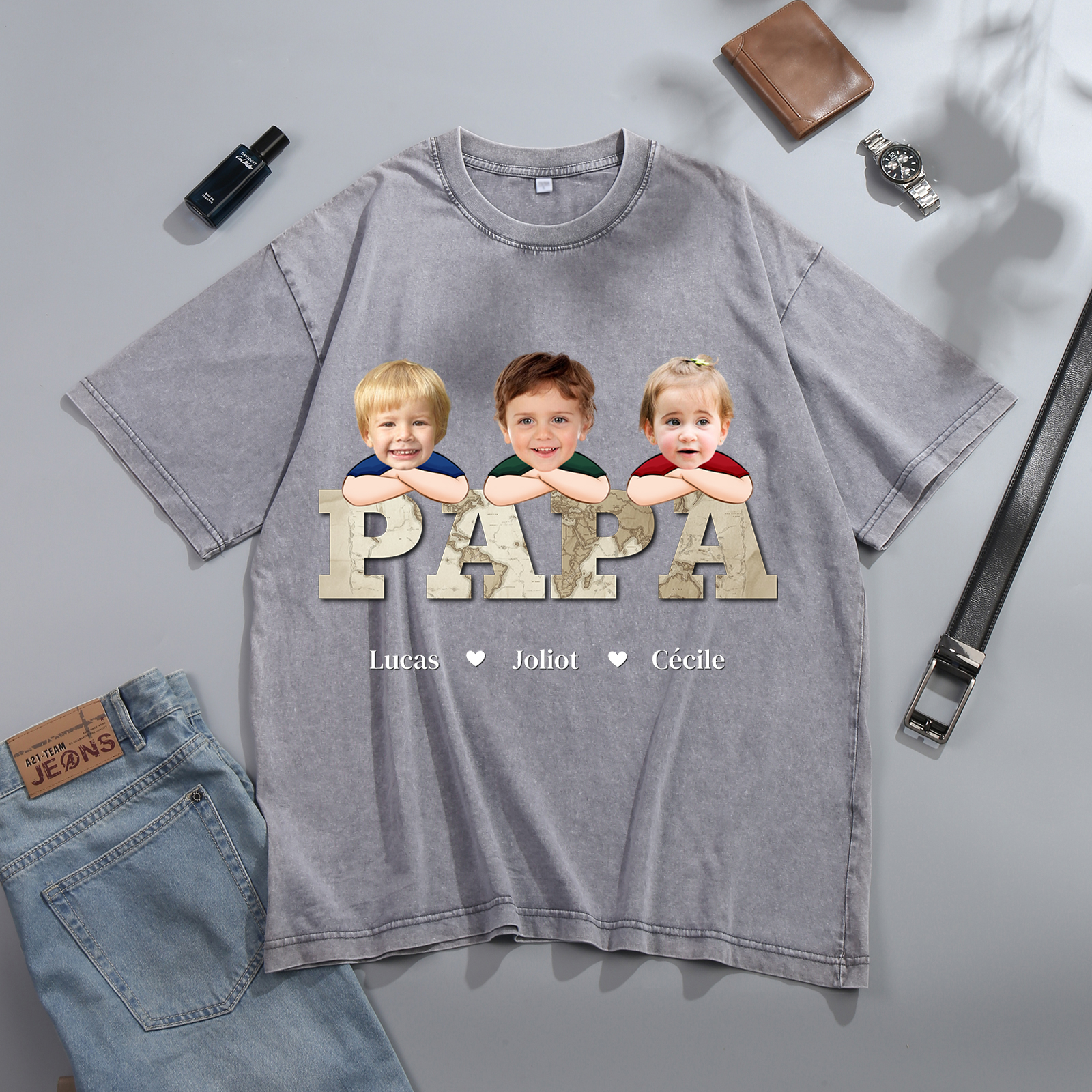 À mon Papi/Papa - T-Shirt Hommes Lion 1-8 Prénoms Personnalisés avec Texte