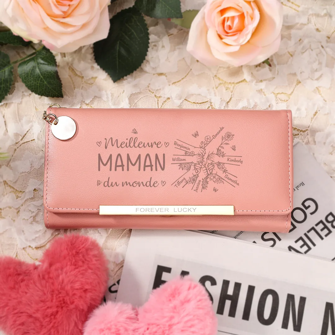 À Maman -Portefeuille Personnalisé long en cuir PU avec 2-7 Prénoms La Main Dans La Main Porte-monnaie pour Maman | Jessemade