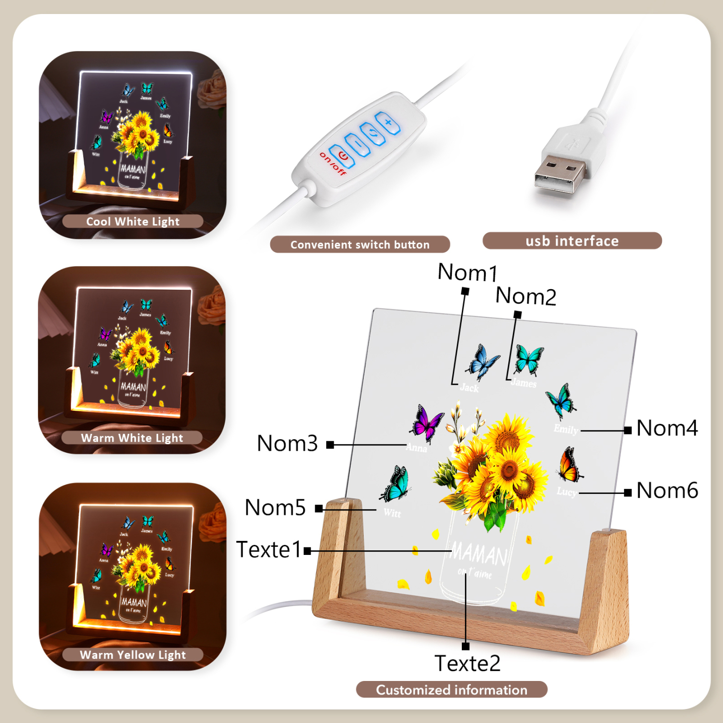 À Maman/Mamie - Lampe de chevet LED Tournesol 6 Prénoms Personnalisés avec 2 Textes pour Famille