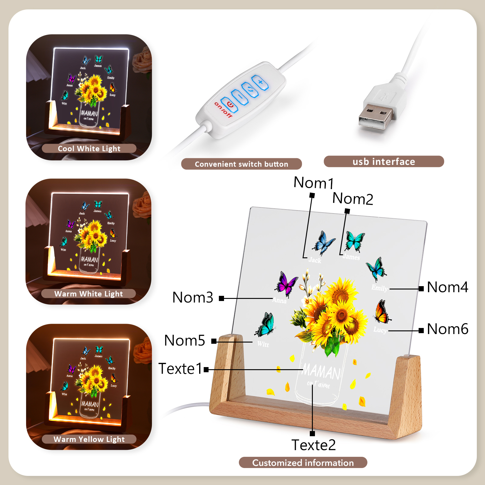 À Maman/Mamie - Lampe de chevet LED Tournesol 6 Prénoms Personnalisés avec 2 Textes pour Famille