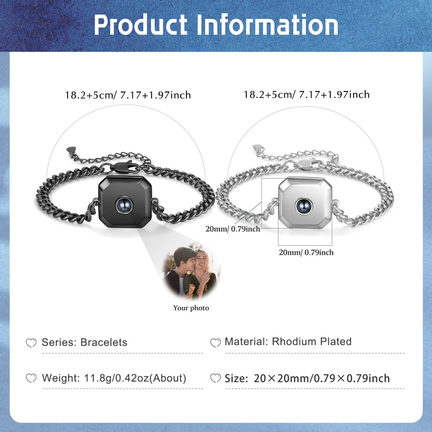 2PCS Bracelets Carrés Bracelet Photo Projection Noir et Blanc pour Couple｜ Jessemade
