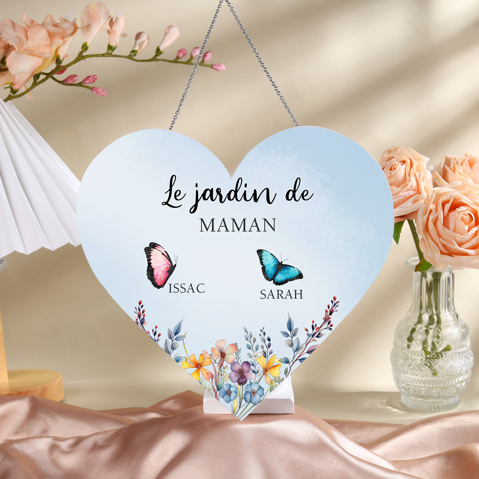À Maman/Mamie - Veilleuse Cœur Décoration Fleur et Papillon 2 Prénoms Personnalisés avec 1 Texte