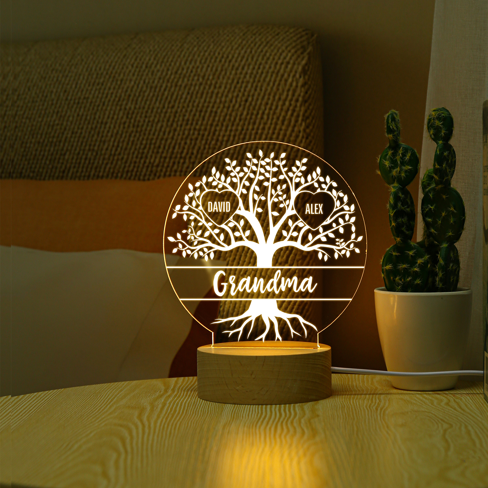À ma Mamie/Maman - Lampe de chevet Arbre de vie LED Lumières 3 Prénoms Personnalisés pour Famille