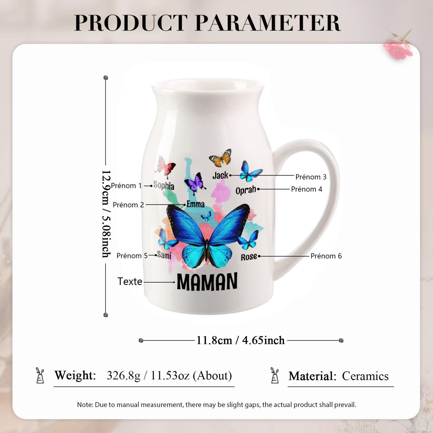 Vase à Fleurs Papillons 6 Prénoms Personnalisés avec Texte Décoration de la Maison