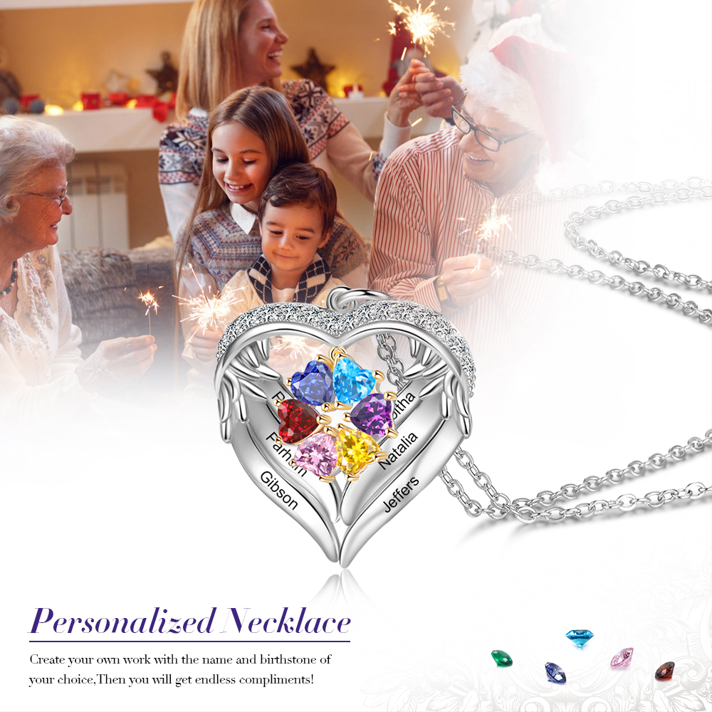Collier Prénom cœur Argent 925 6 Prénom 6 pierre de naissance