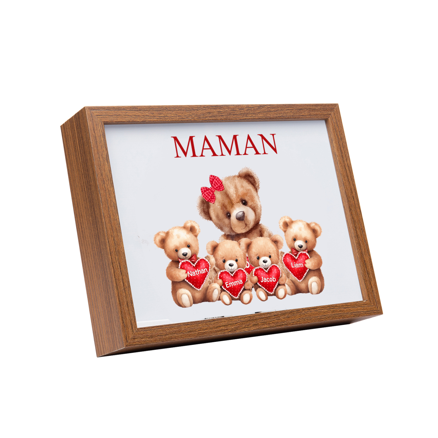 Cadre Photo LED Ours 4 Prénoms Personnalisés avec 1 Texte Décoration Famille