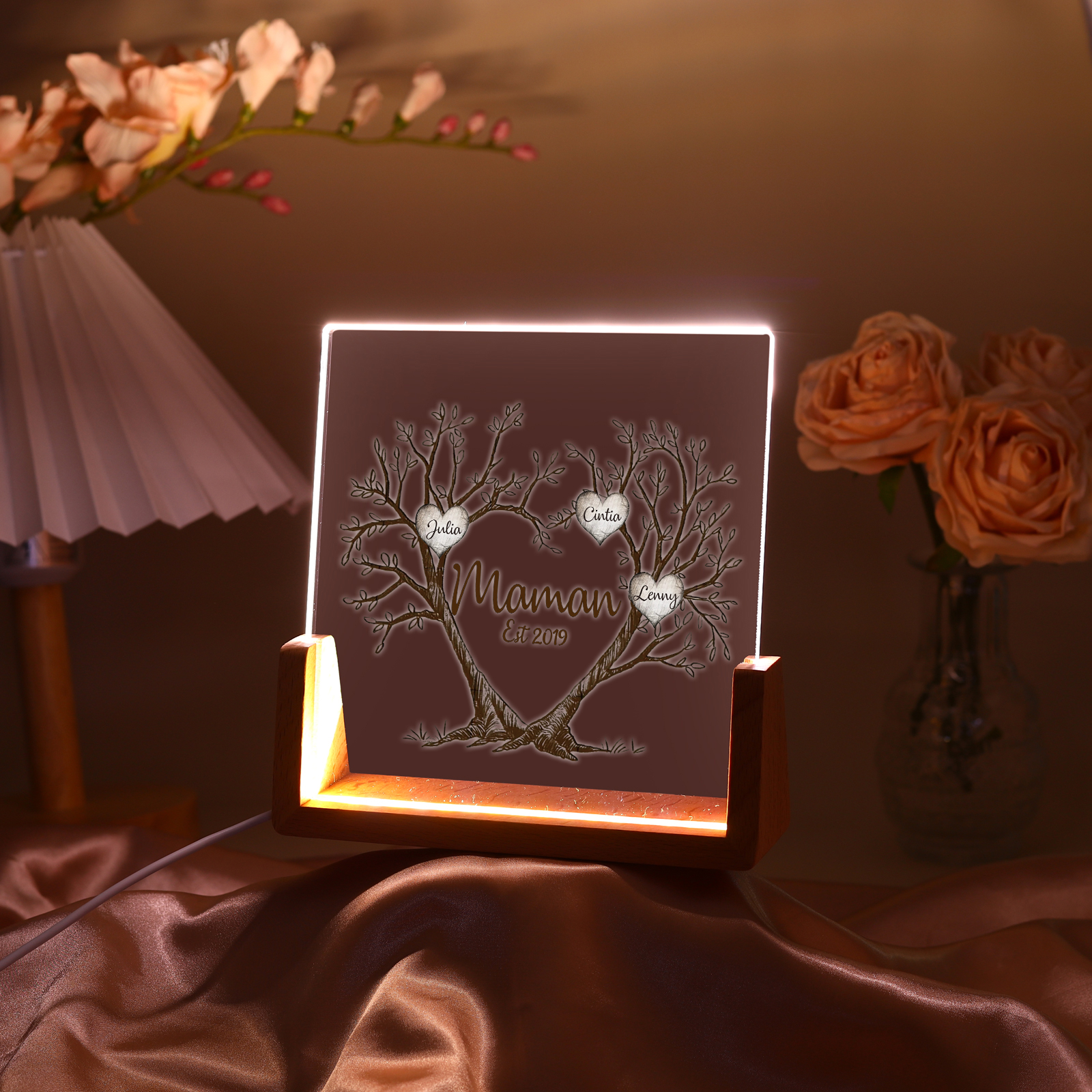 À Maman/Mamie - Lampe de chevet LED Arbre de Vie 3 Prénoms Personnalisés avec Texte et Date pour Famille