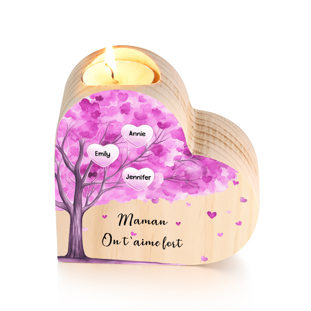 À Ma Maman/Mamie - Bougeoir en Bois Arbre 3 Prénoms et 1 Texte Personnalisés pour Famille sans bougie