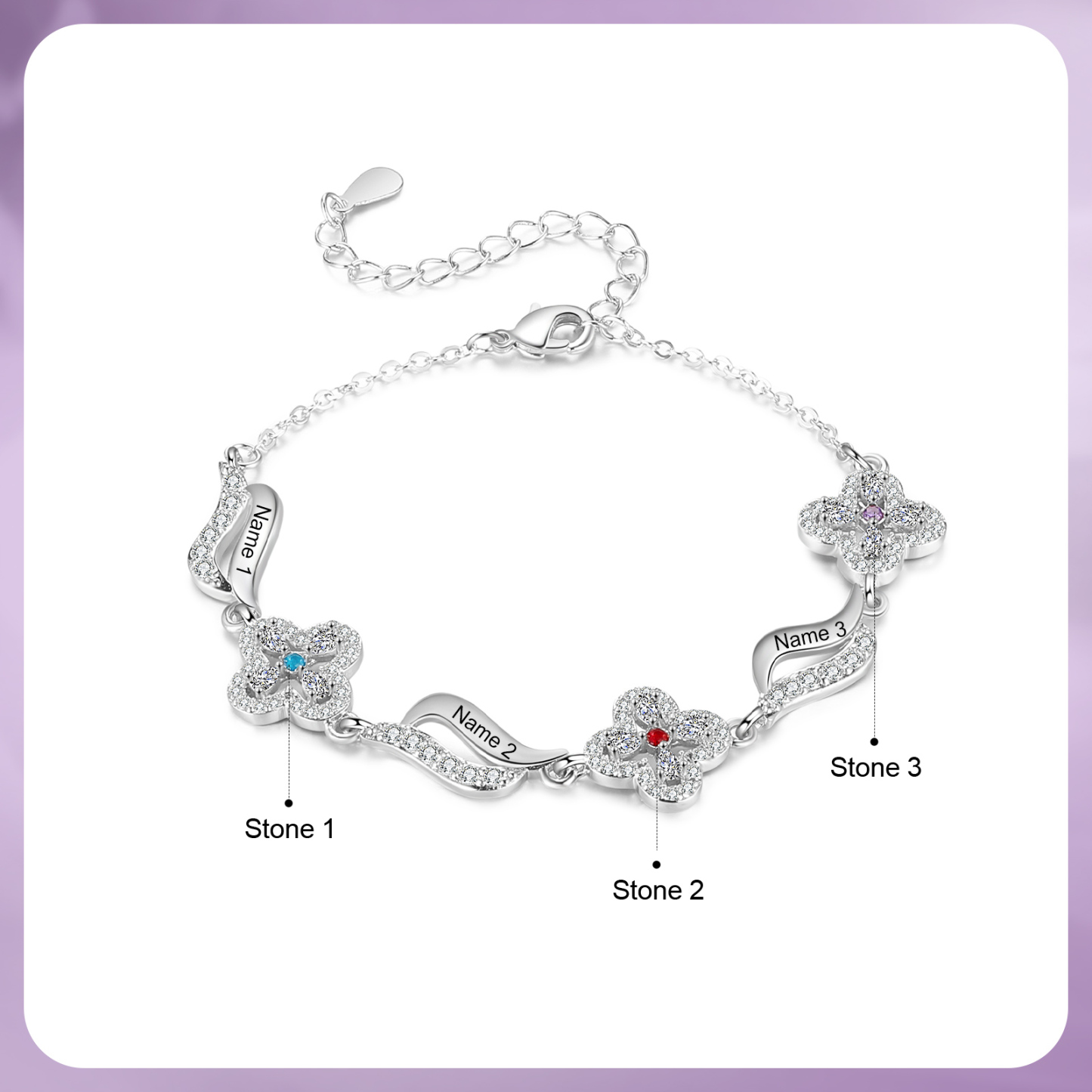 Bracelet Fleurs 3 Prénoms Personnalisés avec 3 Pierres de Naissance pour Femme | Jessemade